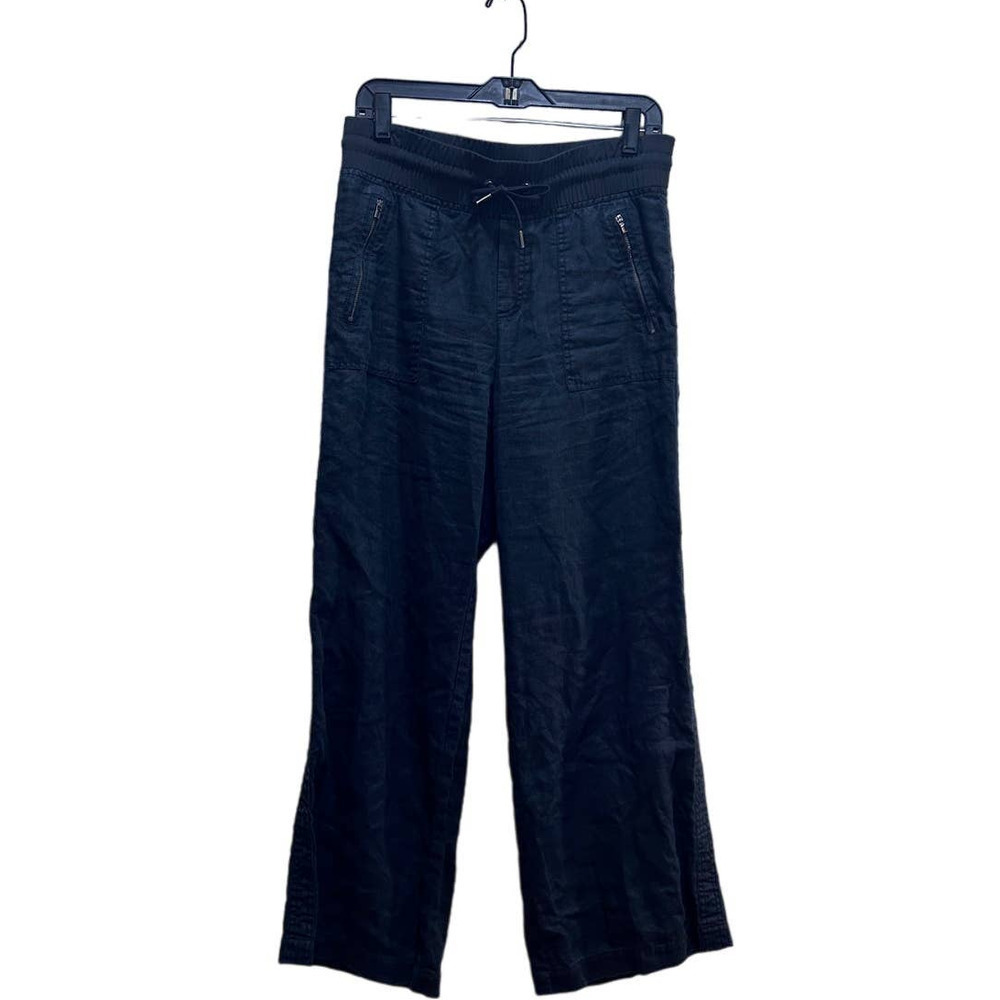 ATHLETA 100% Linen Baggy Pants Size 10 Washed Black Pockets Drawstring Lounge